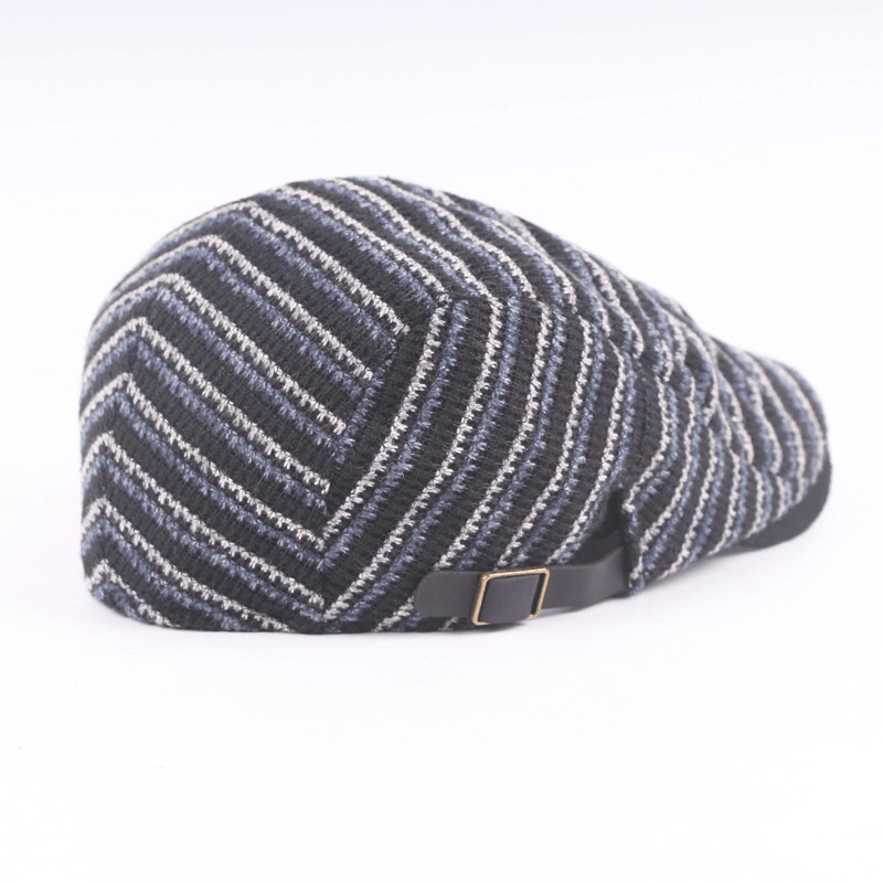 Mens Washed Knitted Stripe Beret Caps Outdoor Sport Adjustable Visor Forward Hats - MRSLM
