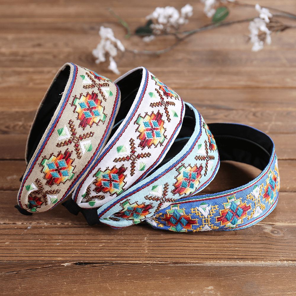 Fresh Bohemian Ethnic Style Hair Band Embroidered Cotton Wide Brimmed Hair Band Travel Home Leisure Hair Band - MRSLM