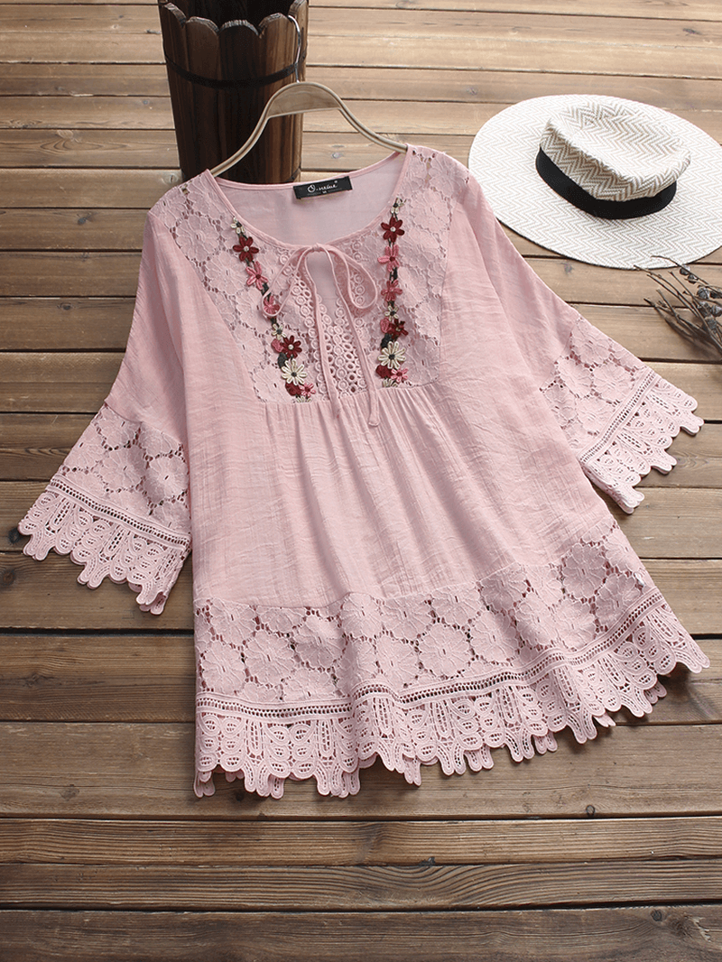 Women Hollow Lace Patchwork 3/4 Sleeve Blouse - MRSLM