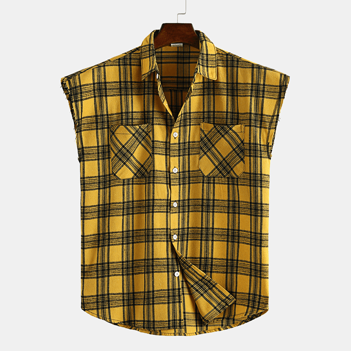 Men Plaid Sleeveless Lapel Loose Shirts - MRSLM