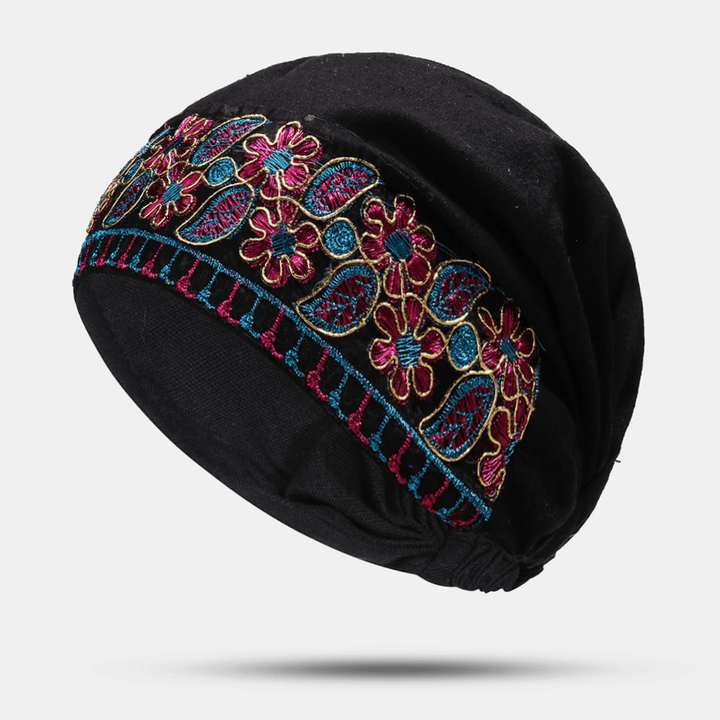 Women Canvas Ethnic Embroidery Flower Printing Vintage Beanie Hat Turban Caps - MRSLM