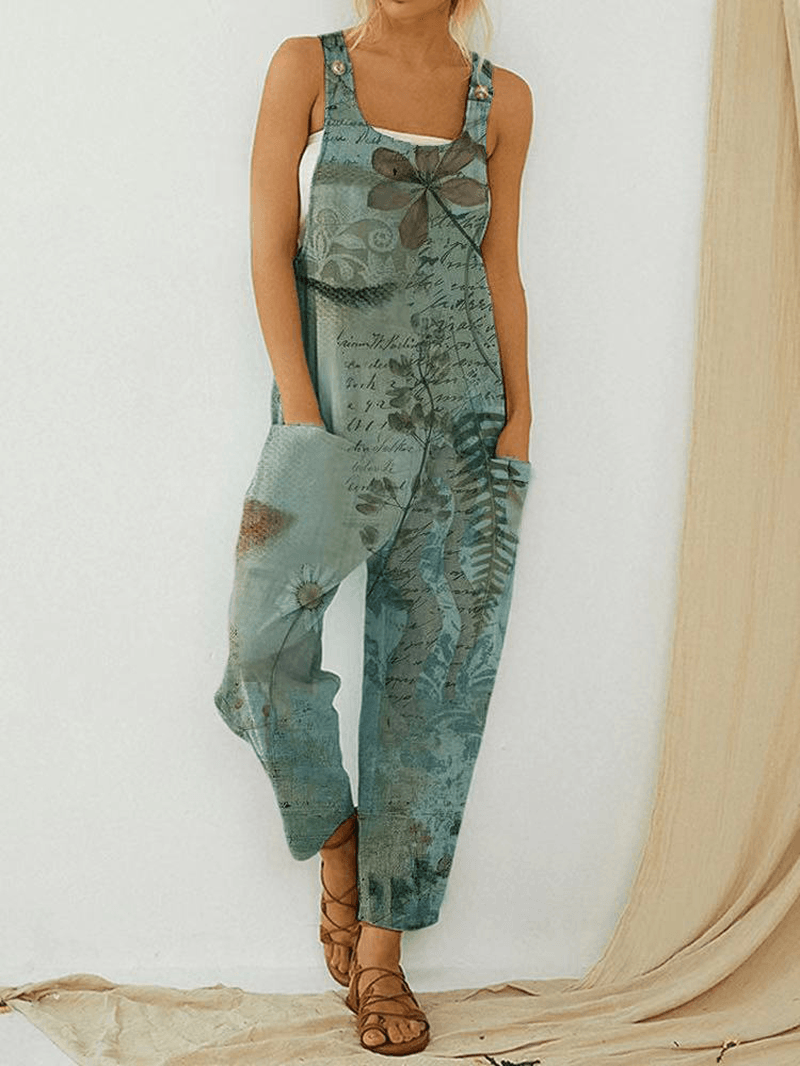 Vintage Portrait Print Sleeveless Pockets Button Jumpsuit for Women - MRSLM