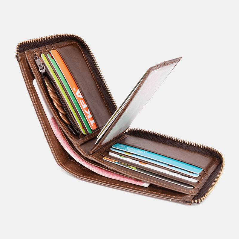 Men Genuine Leather Vintage Wallet RFID Blocking Zipper Coin Bag Card Holder - MRSLM