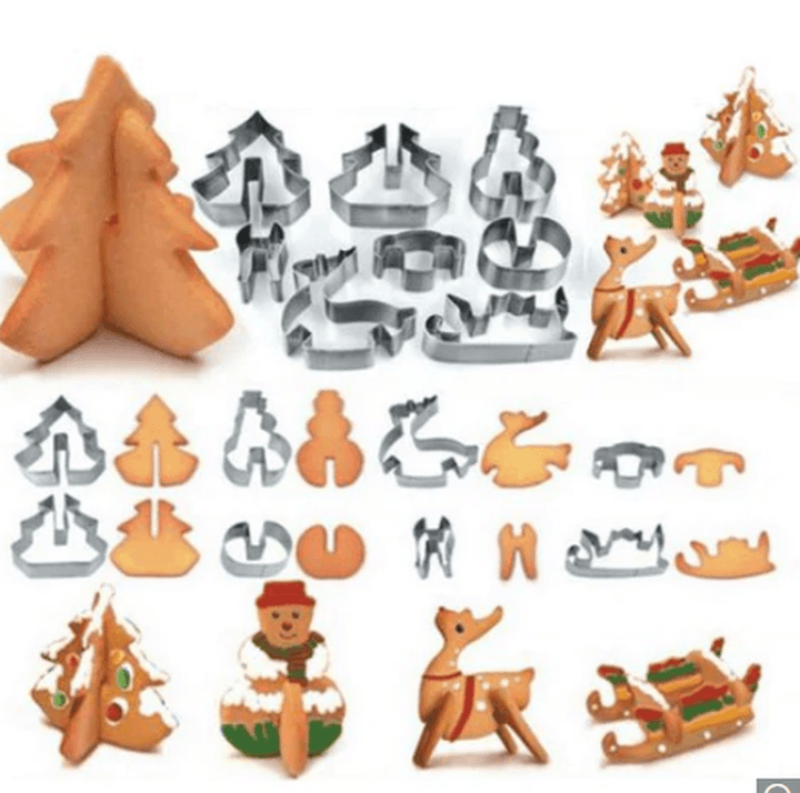 8PCS Hoarding 3D Christmas Scene Cookie Cutter Mold Set Stainless Steel Square Dan Cake Mould Silver - MRSLM