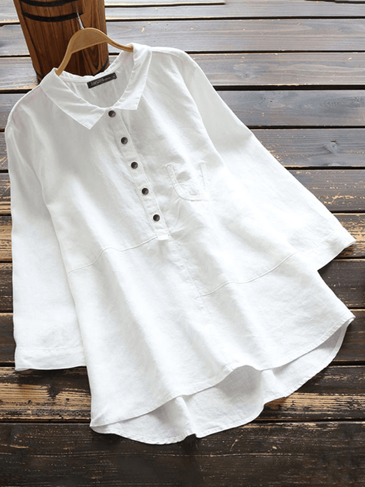 Women Cotton Solid Color High-Low Hem 3/4 Sleeve Button Casual Blouse - MRSLM