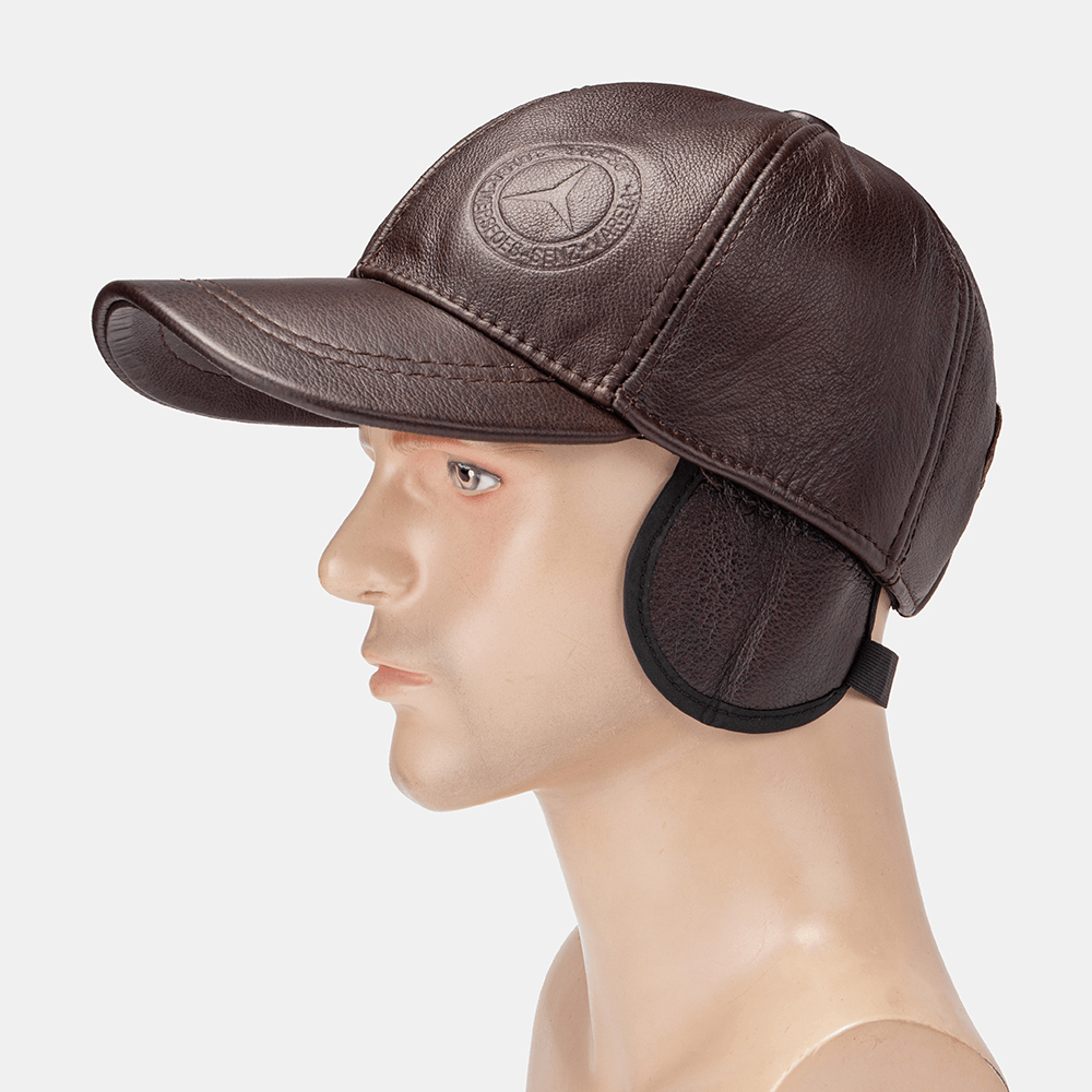 Men Genuine Leather Solid Color Ear Protected plus Thick Casual Baseball Hat - MRSLM