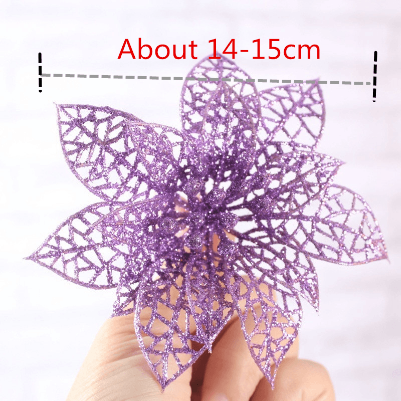 10Pcs Christmas Glitter Hollow Flower Decoration Flowers for Christmas Trees New Year Decorations Wedding Party Decor - MRSLM