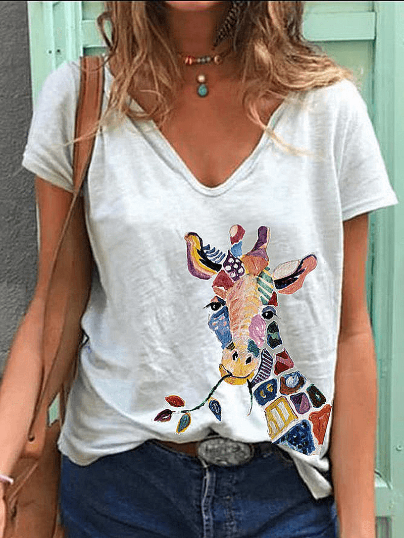 Cartoon Giraffe Animal Print V-Neck Short Sleeve Loose T-Shirts for Women - MRSLM