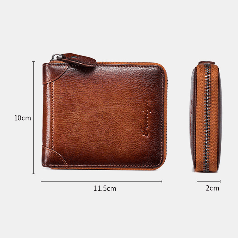 Men First Layer Cowhide RFID Anti-Magnetic Zipper Wallet Short Bifold 7 Card Slot Card Case Driver License Wallet - MRSLM