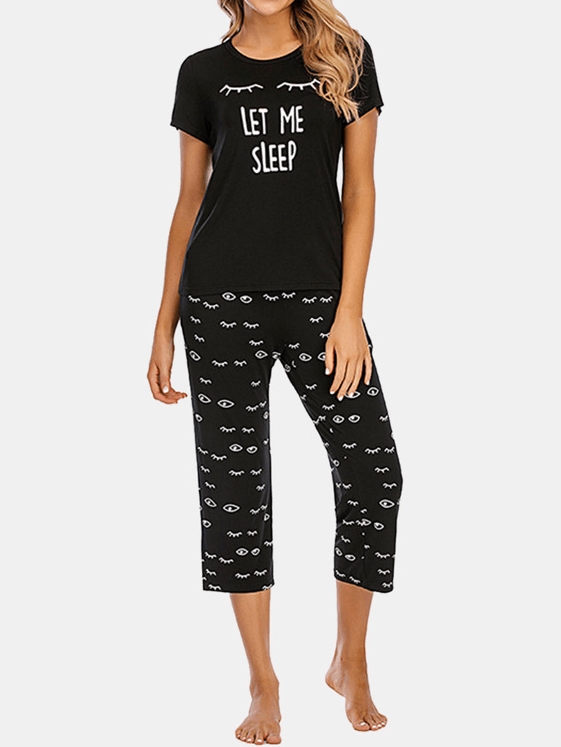 Plus Size Women Letter Eye Print Comfy Short Sleeve Pajama Sets - MRSLM