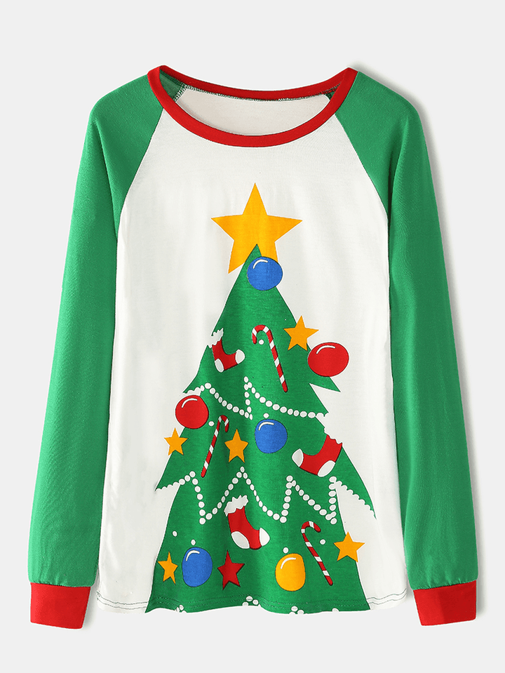 Women Cartoon Christmas Tree Print Raglan Sleeves Sweatshirts Elastic Waist Jogger Pants Home Pajama Set - MRSLM