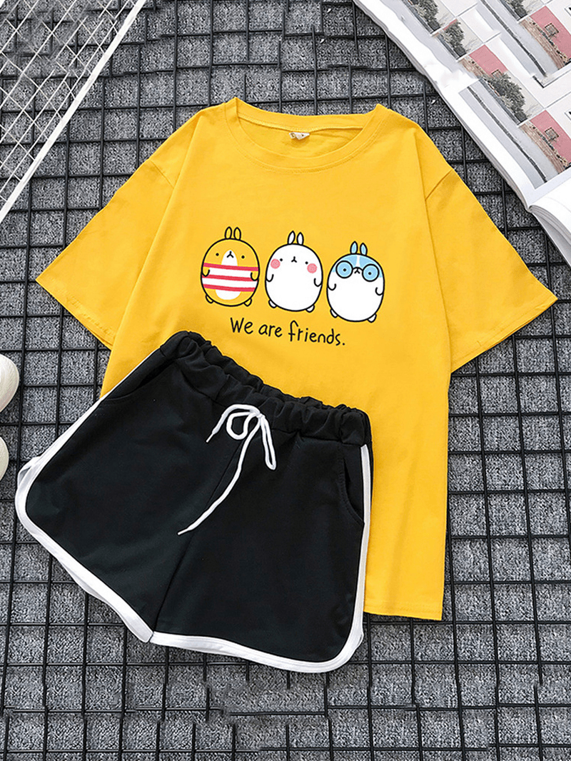 Women Cartoon Print Cute Pajamas Short Set Two Piece Sleepwear with Sports Shorts - MRSLM