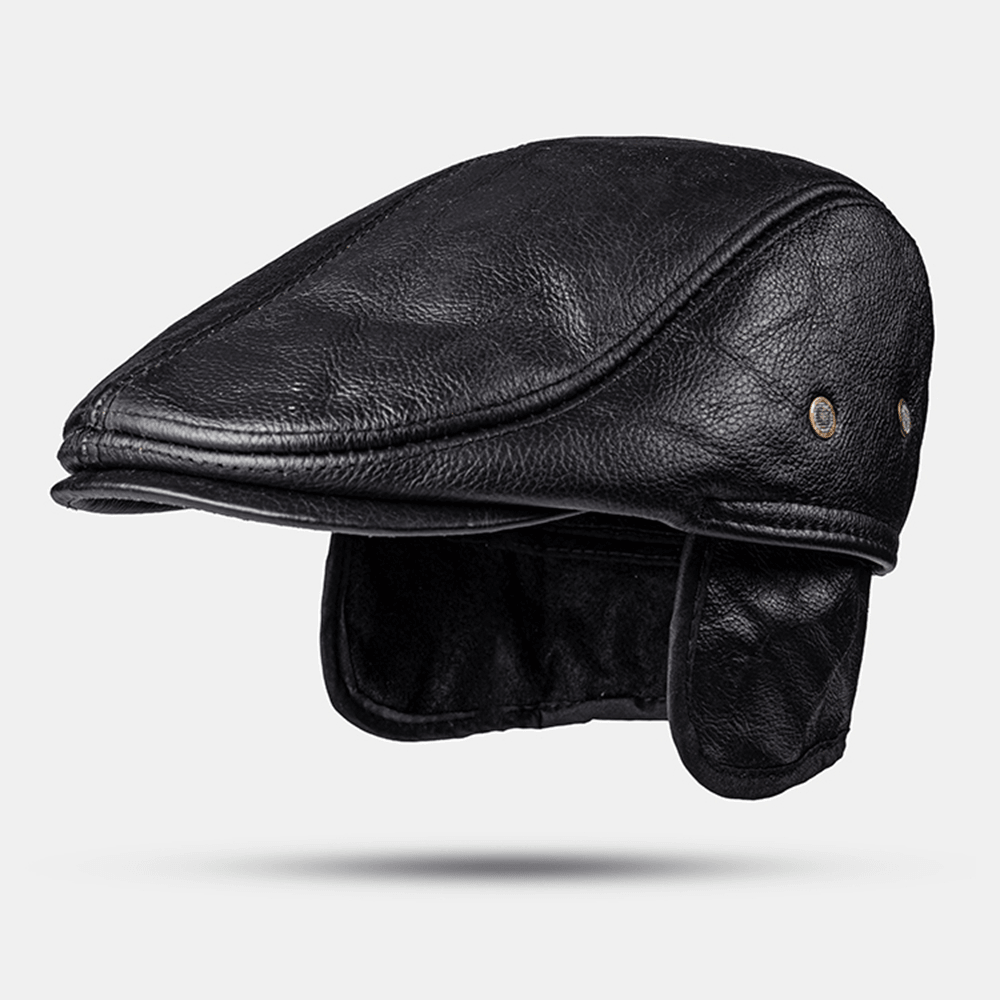 Men Genuine Leather Keep Warm plus Thickness Cotton Windproof Ear Protection Forward Hat Beret Hat - MRSLM