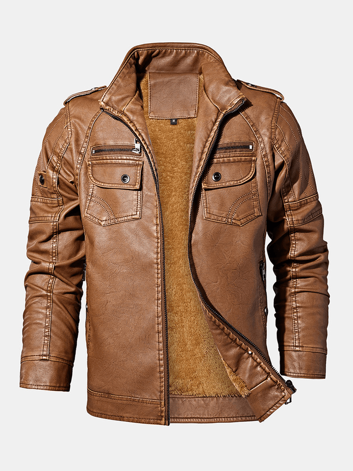 Mens Washed Vintage Multi-Pocket Zipper Lapel Winter Thicken PU Leather Jacket - MRSLM