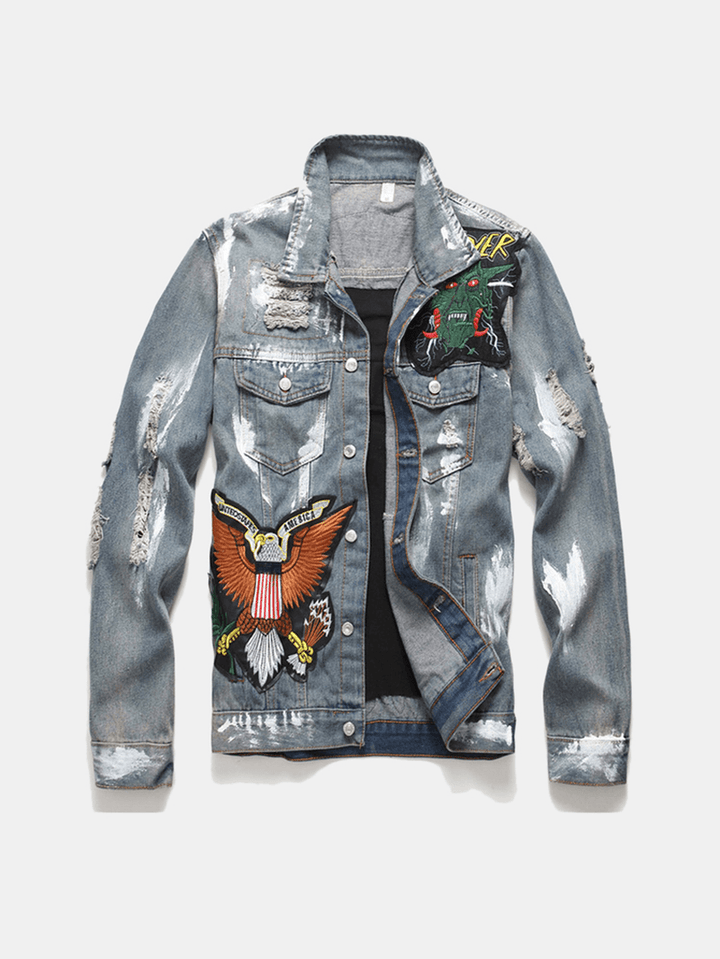 Retro Single Breasted Patched Denim Jacket - MRSLM