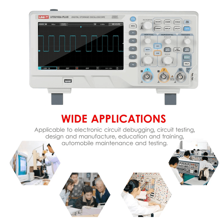 UNI-T Utd2102E plus Digital Oscilloscope with 7-Inch LCD Display Scopemeter with 100Mhz Bandwidth 2 Channels 500MS/S Real Time Sample Rate 64Kpts Depth Storage - MRSLM