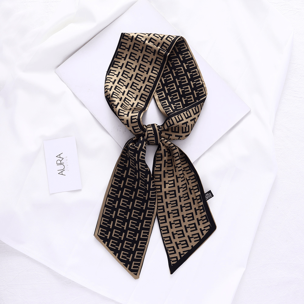 Retro French Forest Tied Hair Small Long Silk Scarf Female Lattice Letter Printing Tie Bag - MRSLM