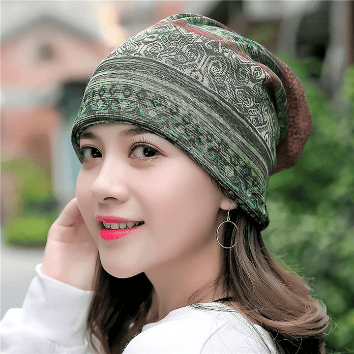 Women Cotton Ethnic Plaid Multifunctional Beanie Hat Scarf Vintage Good Elastic Turban Caps - MRSLM