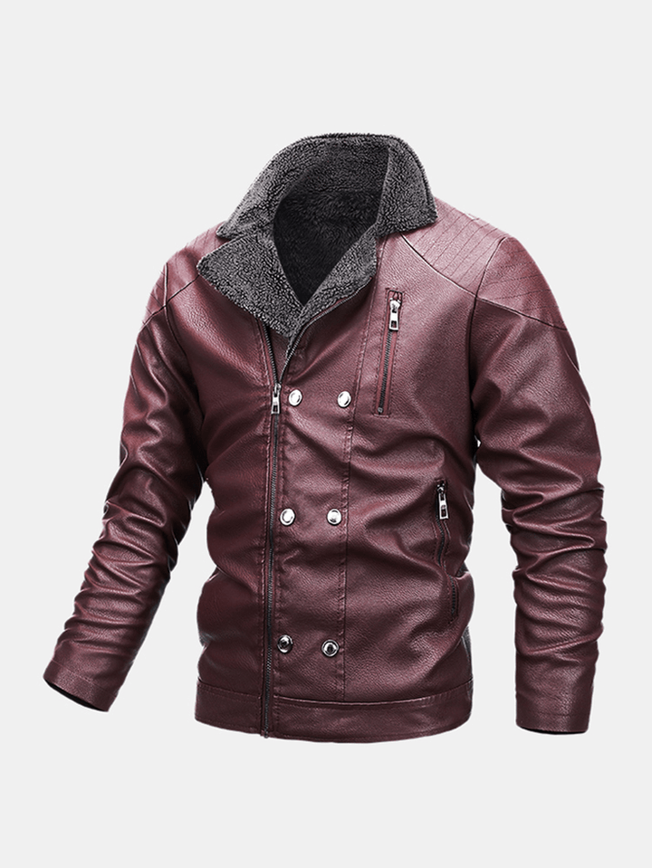 Mens Multi Pocket Zipper Button Long Sleeve Warm PU Leather Biker Jacket - MRSLM