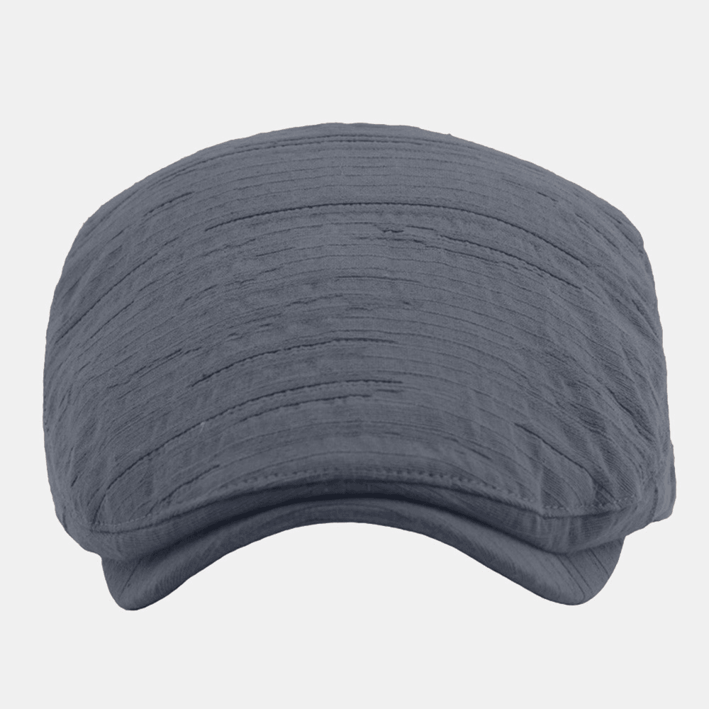 Men Short Brim Pleated Stripes Polyester Cotton Beret Cap Solid Color Metal Label Casual Flat Cap Forward Hat - MRSLM