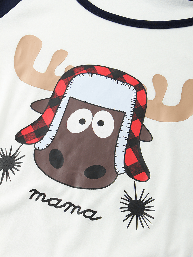 Women Cartoon Elk Print Raglan Sleeves Top Print Elastic Waist Pants Home Christmas Pajama Set - MRSLM