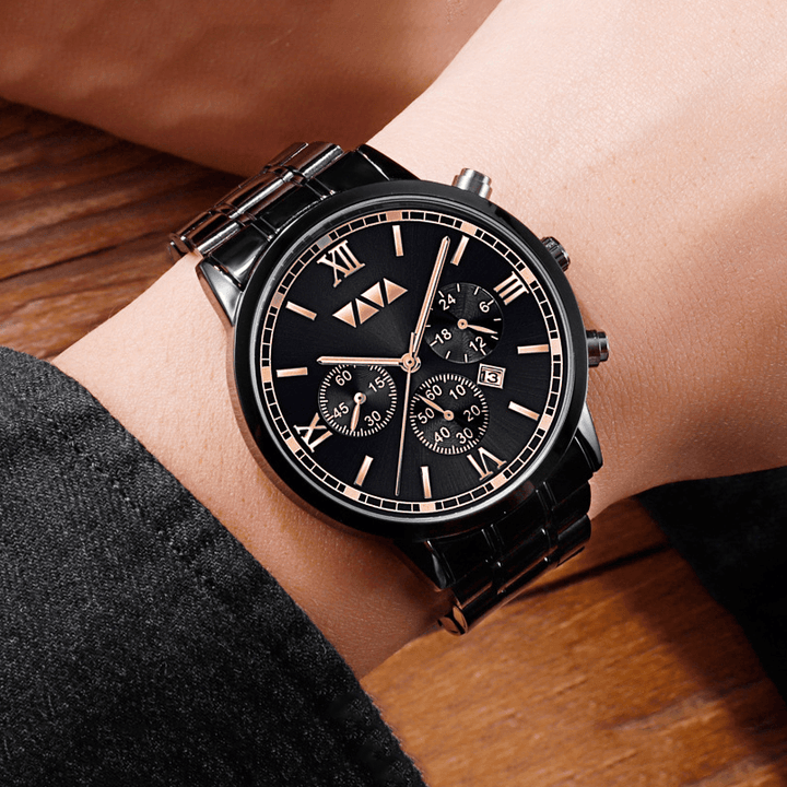 VA VA VOOM Business Casual with Calendar Dial Luminous Pointer Stainless Steel Strap 3ATM Waterproof Men Quartz Watch - MRSLM