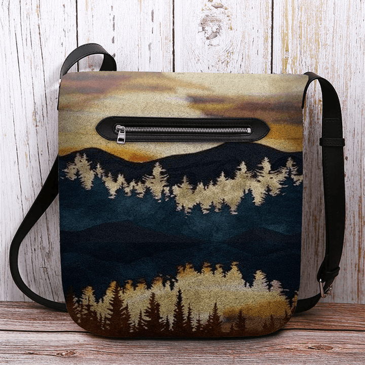 Women Felt Mountain Treetop Print Pattern Casual Outdoor Shoulder Bag Crossbody Bag - MRSLM