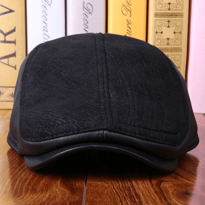 Leather Hat Men'S Sheepskin Ear Protection Leather Suede Beret - MRSLM