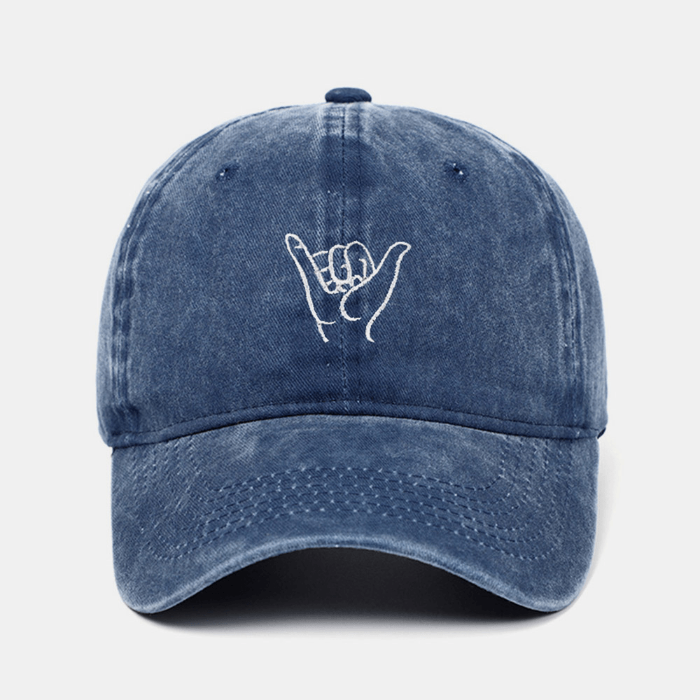 Unisex Washed Cotton Solid Color Gesture Embroidery Pattern Outdoor Sunshade Baseball Cap - MRSLM