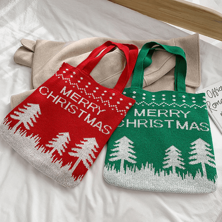 Women Wool Christmas Tree Snowflake Letter Pattern Casual Festive Handbag Tote Shoulder Bag - MRSLM