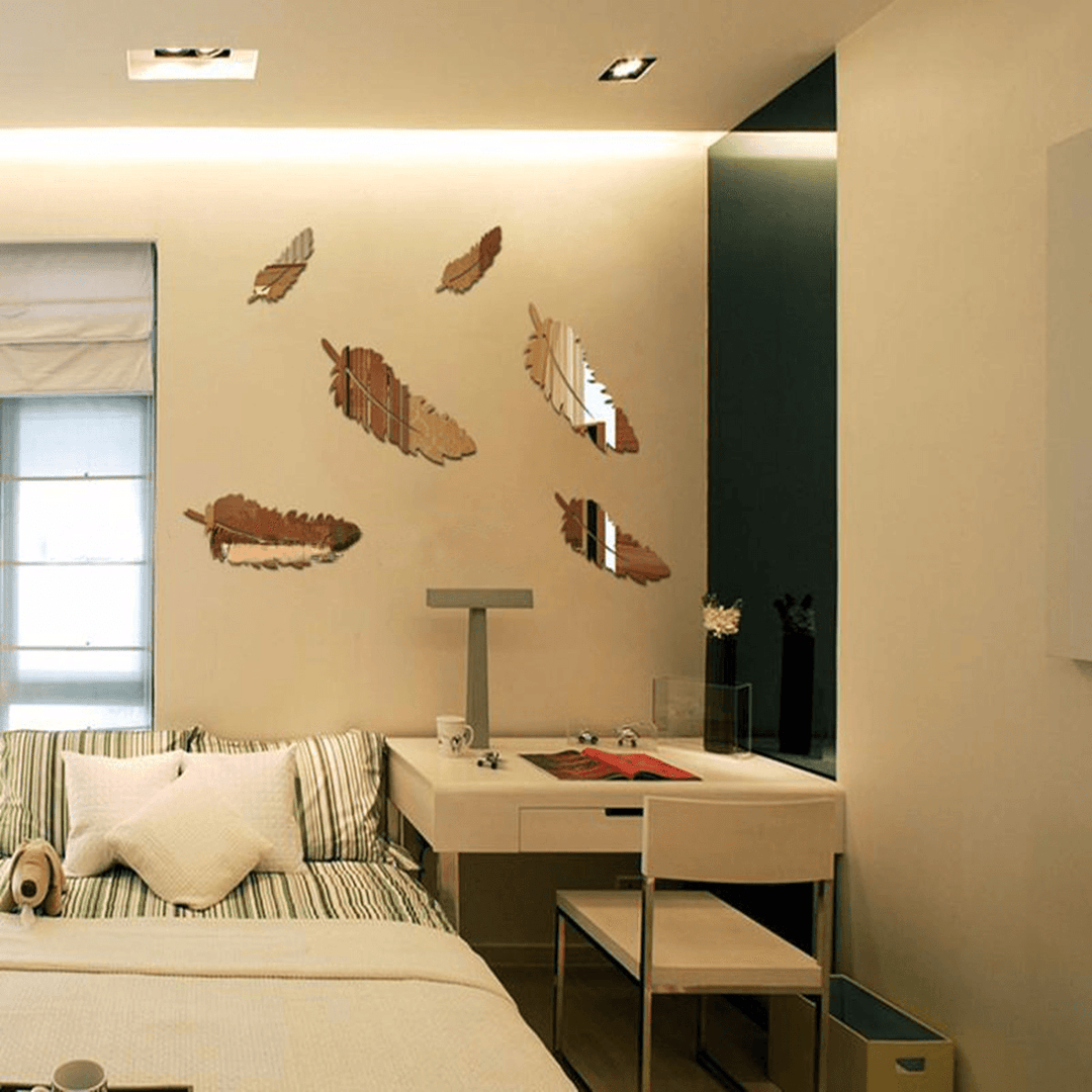 Silver Feather DIY 3D Mirror Wall Sticker Mural for Home and Bedroom Decoration - MRSLM