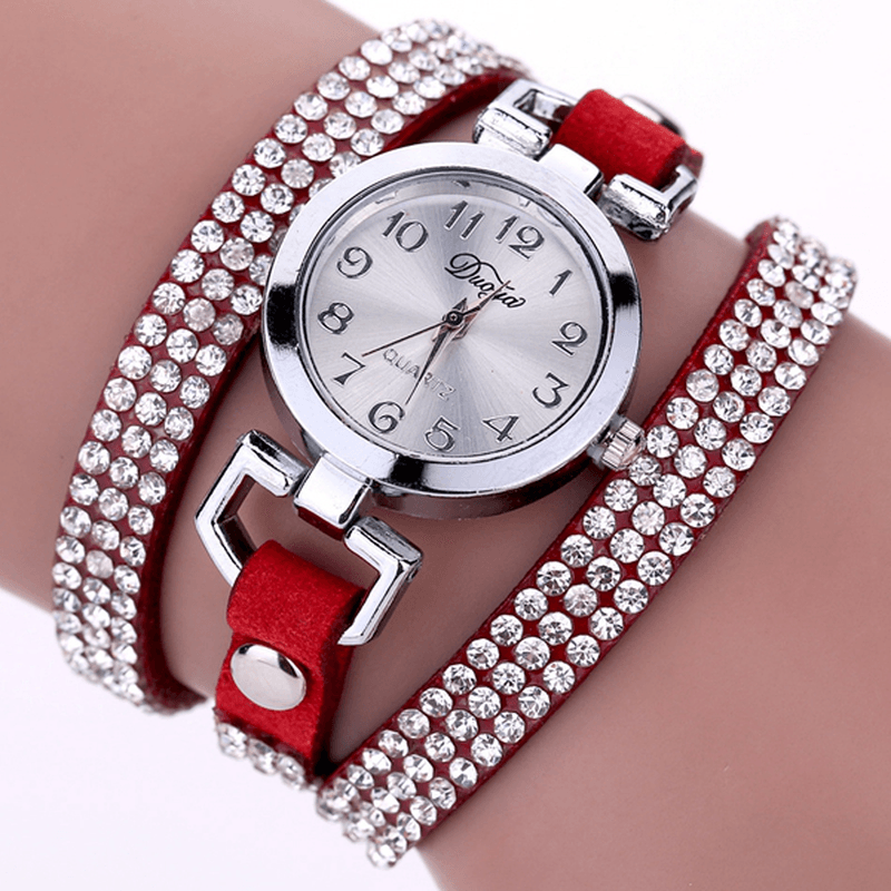 DUOYA Casual Style Crystal Ladies Bracelet Watch Luxury Fine Leather Winding Women Quartz Watches - MRSLM