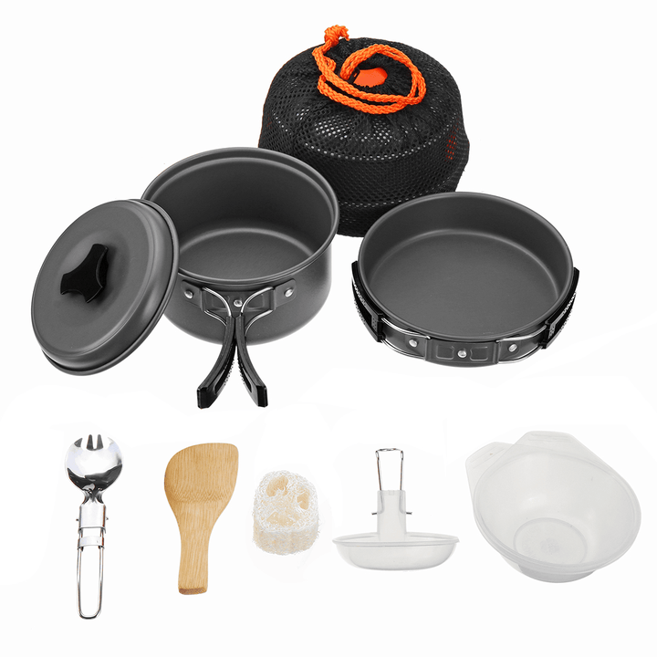 8 PCS Picnic BBQ Cooking Set 1-2 People Non-Stick Pots Pans Bowls Outdoor Camping Cookware Kit - MRSLM