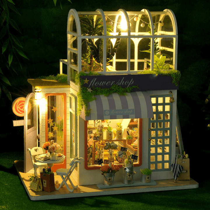 Flower Shop DIY Handmade Assemble Doll House Kit Miniature Furniture Kit with LED Lights for for Gift Collection House Decoration - MRSLM