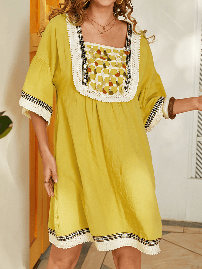 Women Bohemia Tassel Design Square Collar Midi Dress with Pocket - MRSLM