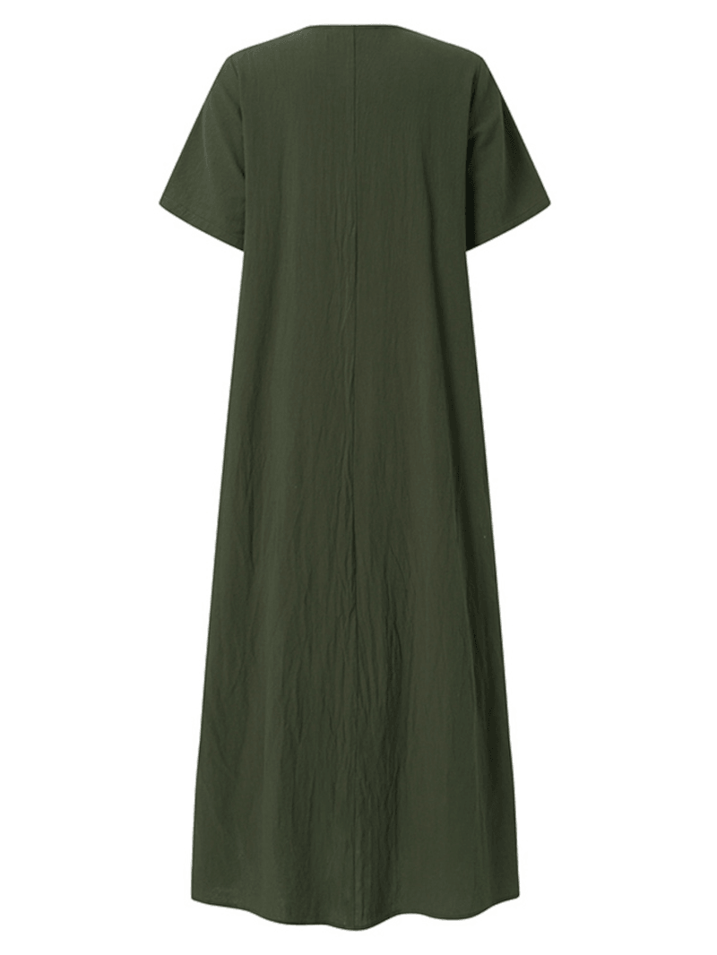 Casual Solid Crew Neck Short Sleeve Button Bohemia Maxi Dress - MRSLM