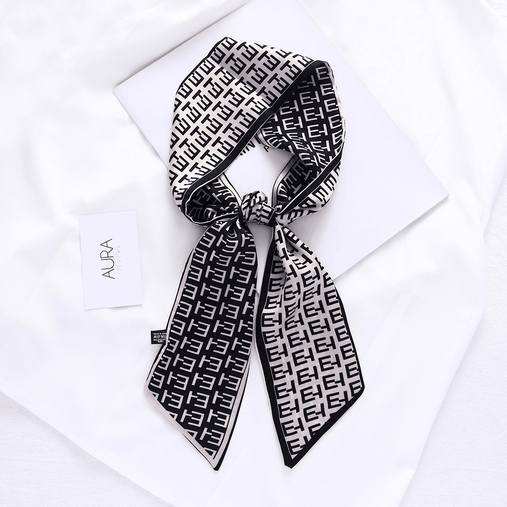 Retro French Forest Tied Hair Small Long Silk Scarf Female Lattice Letter Printing Tie Bag - MRSLM