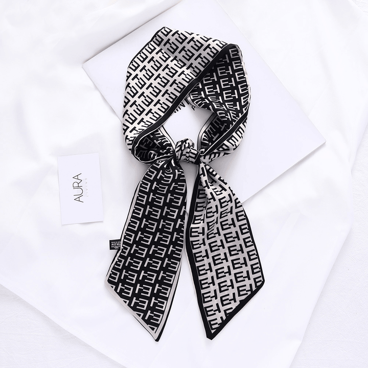 Retro French Forest Tied Hair Small Long Silk Scarf Female Lattice Letter Printing Tie Bag - MRSLM