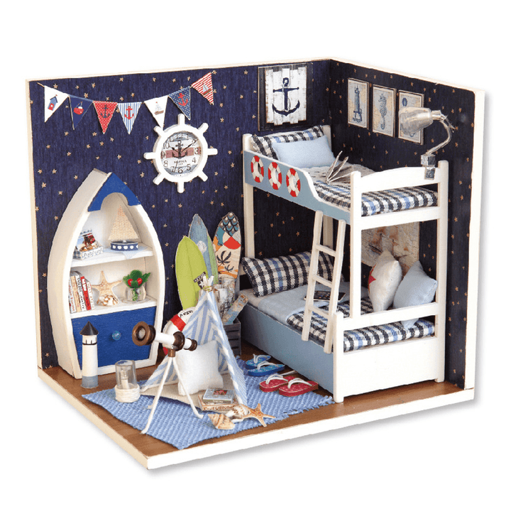 Cute Room Wooden DIY Handmade Assemble Miniature Doll House Kit Toy with LED Light Dust Cover for Gift Collection - MRSLM