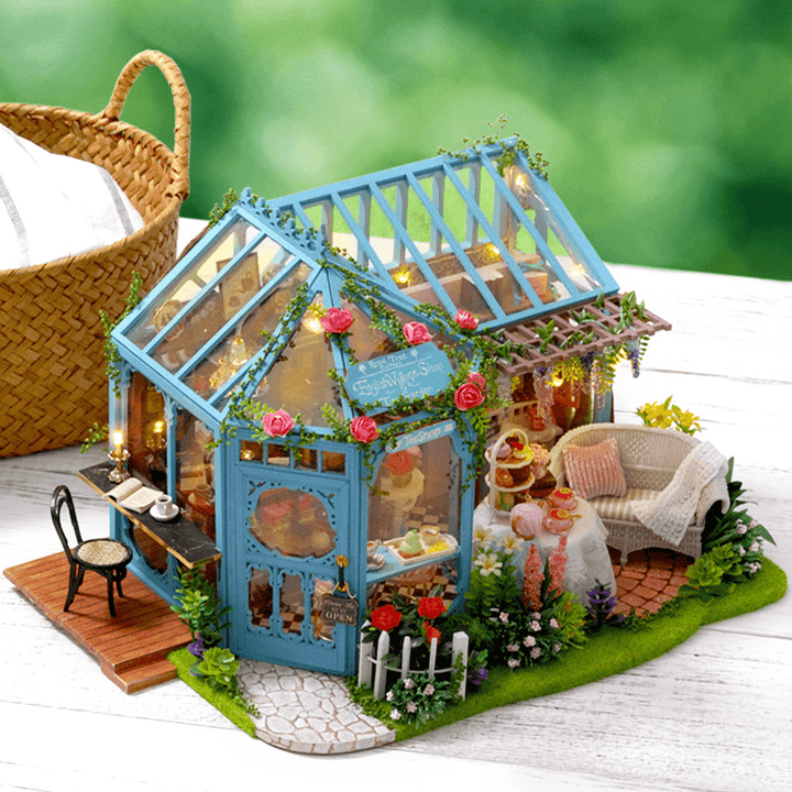 Cuteroom A068 DIY Cabin Rose Garden Tea House Handmade Doll House Model with Dust Cover Music Motor - MRSLM