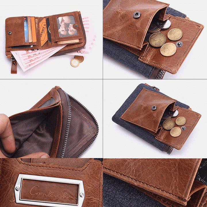 Men Genuine Leather Zipper Retro Business Multi Card Slot Leather Card Holder Wallet with Detachable Card Holder Bag - MRSLM