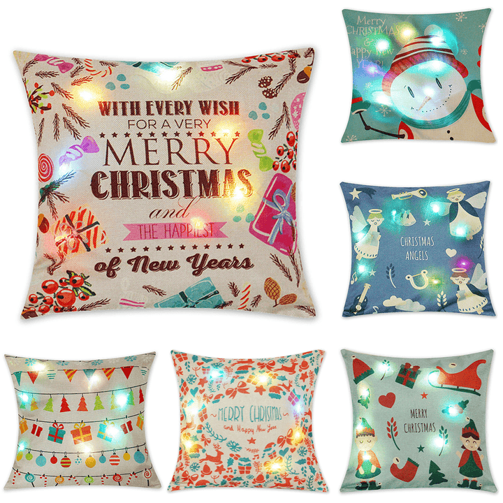 18"X18"Christmas LED Lights Linen Pillow Case Cushion Cover Sofa Case Home Decor - MRSLM