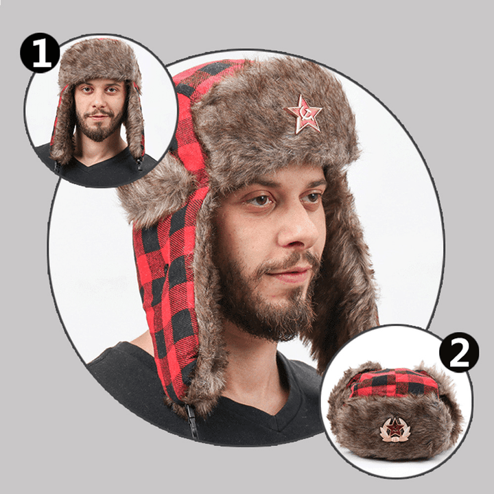 Men Plush Plaid Soviet Badge Windproof Waterproof Ushanka Hat Outdoor Sport Thicken Ear Protection Warm Trapper Hat - MRSLM