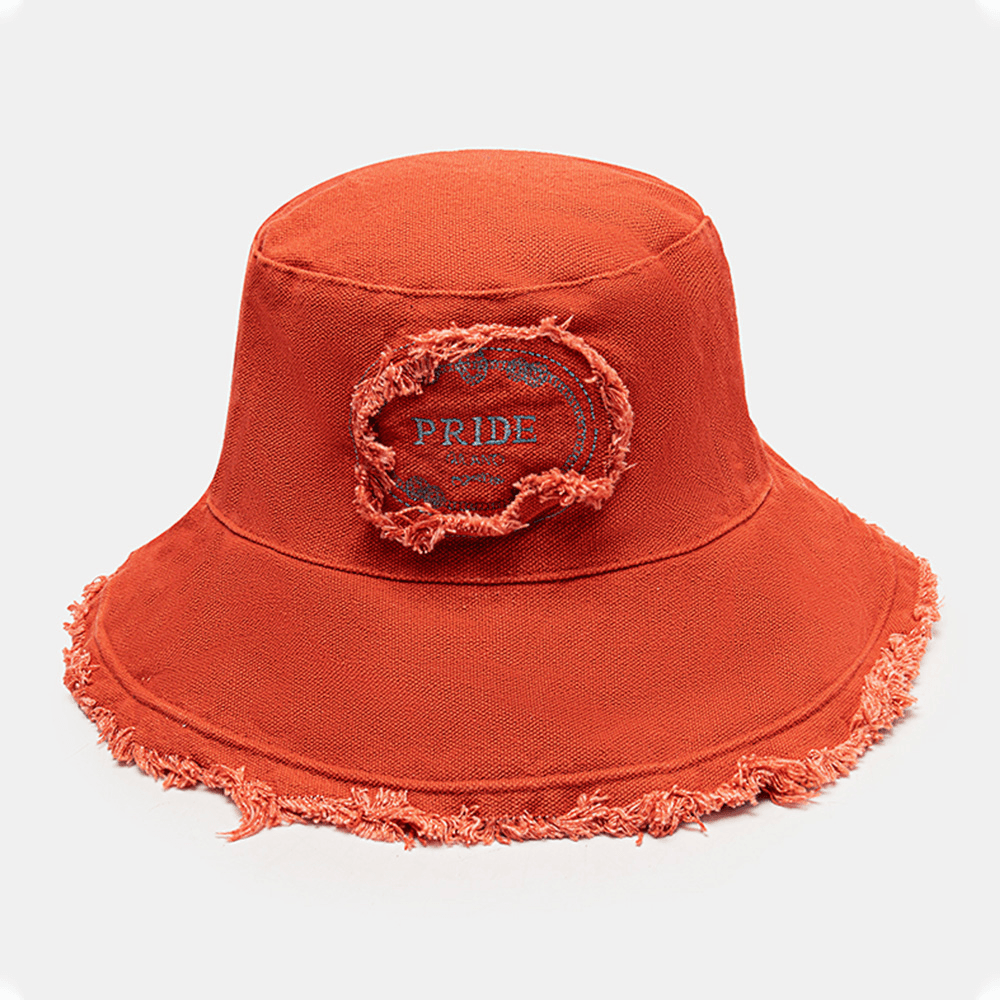 Unisex Washed Cotton Letter Pattern Embroidery Patch Rough Edges All-Match Sunscreen Bucket Hat - MRSLM