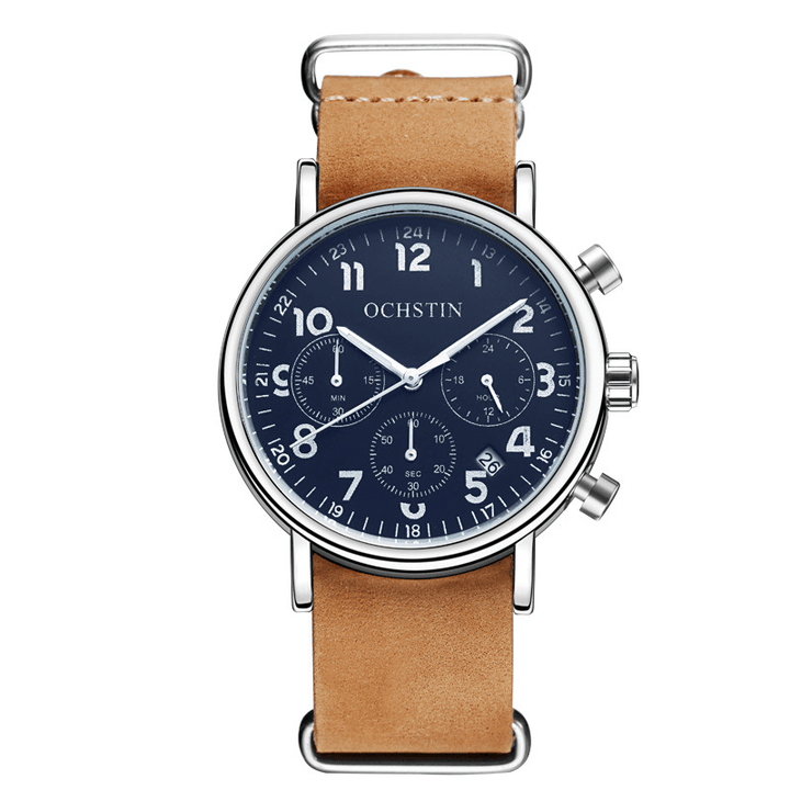 OCHSTIN GQ081A Chronograph Casual Style Men Wrist Watch Genuine Leather Band Quartz Watch - MRSLM