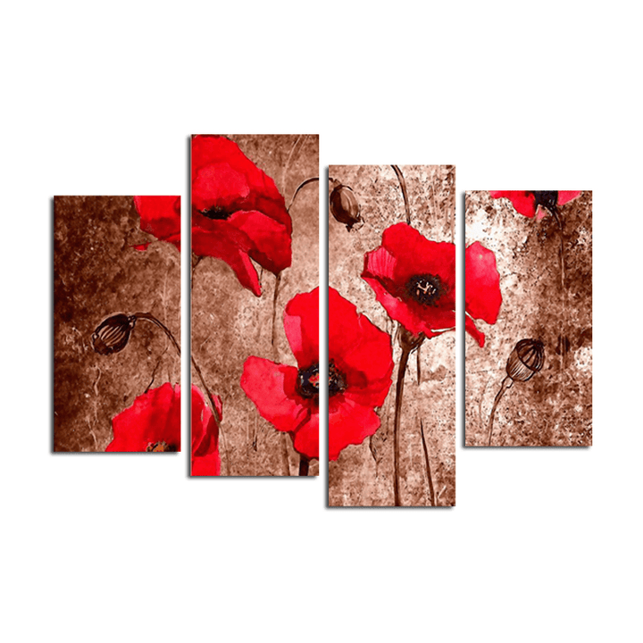 Miico Hand Painted Four Combination Decorative Paintings Red Flowers Wall Art for Home Decoration - MRSLM