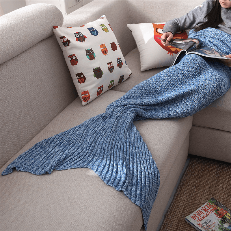 Yarn Knitted Mermaid Tail Blanket Handmade Crochet Throw Super Soft Sofa Bed Mat Sleeping Bag - MRSLM