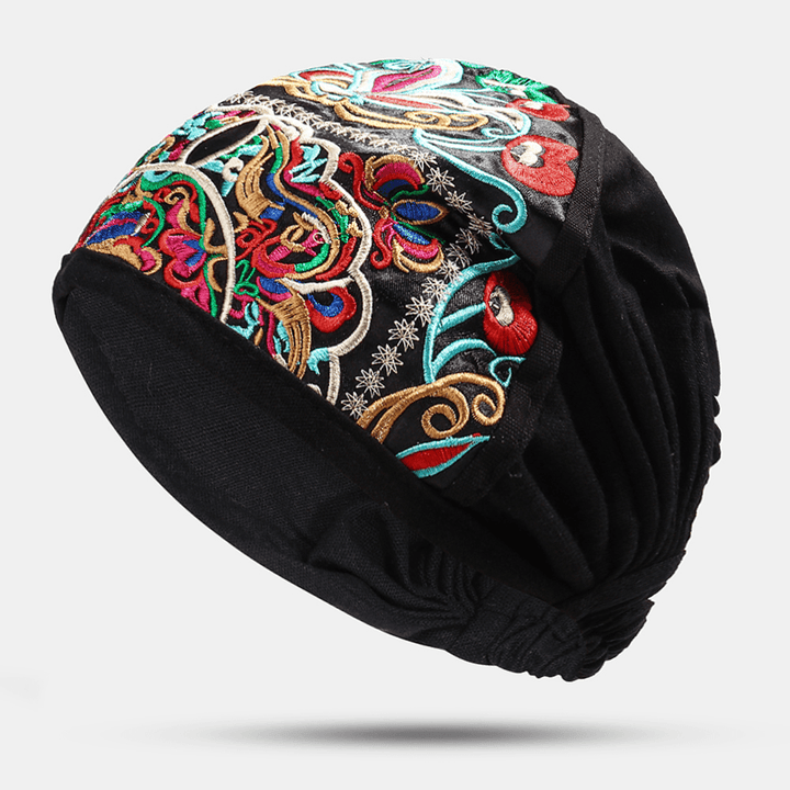 Women Canvas Ethnic Embroidery Flower Printing Vintage Beanie Hat Turban Caps - MRSLM