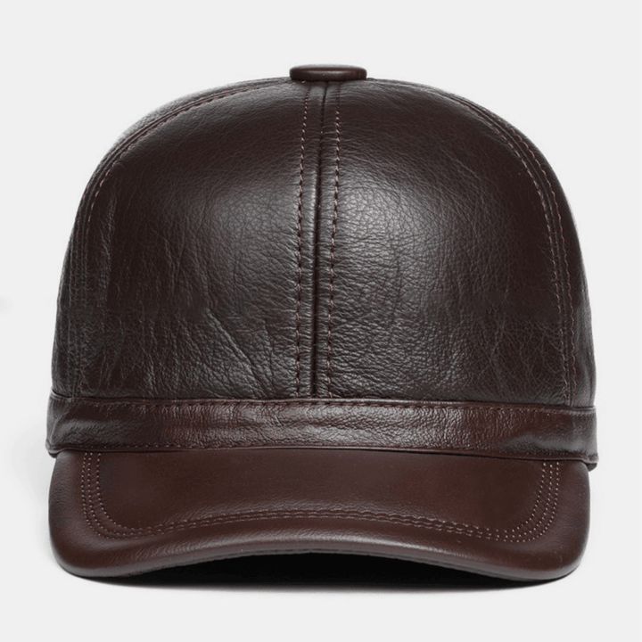 Men Soft Leather Wide Brim Dome Baseball Cap Built-In Ear Protection Earmuffs Winter Thicken Warmth Cowhide Hat - MRSLM