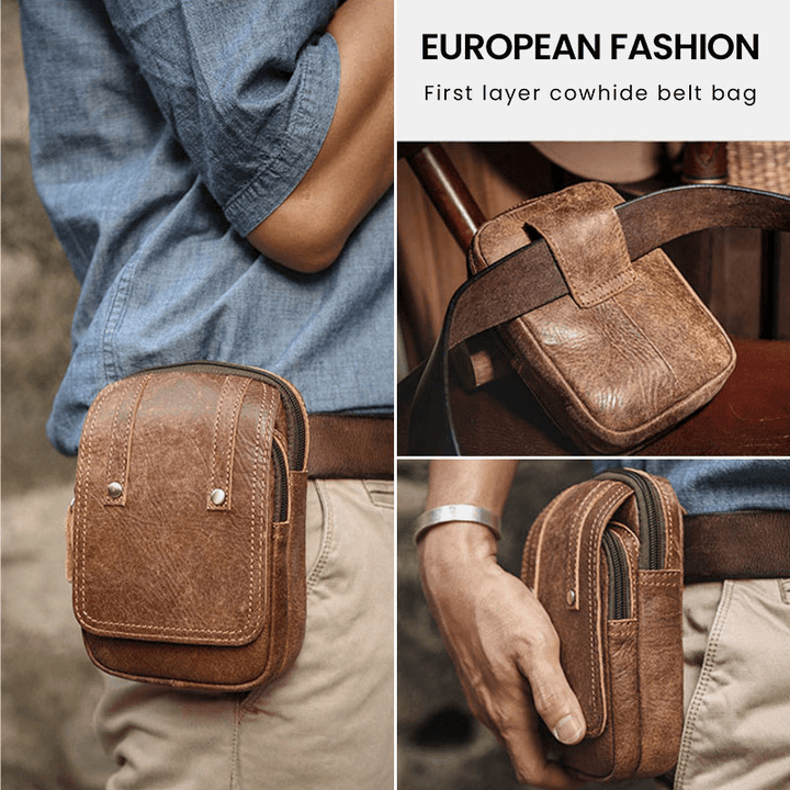 Men Matte Cowhide Waist Bag Multifunctional Large Capacity Vintage 6.3 Inch Phone Bag - MRSLM